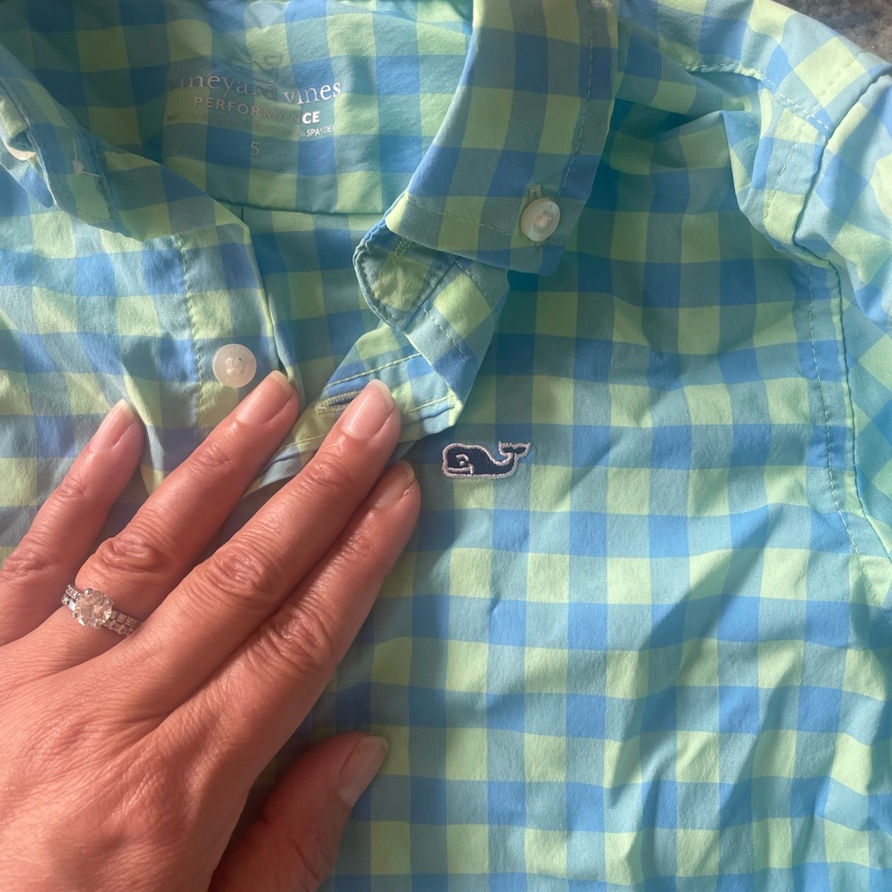 Vineyard Vines Blue and Green Plaid Shirt performance material